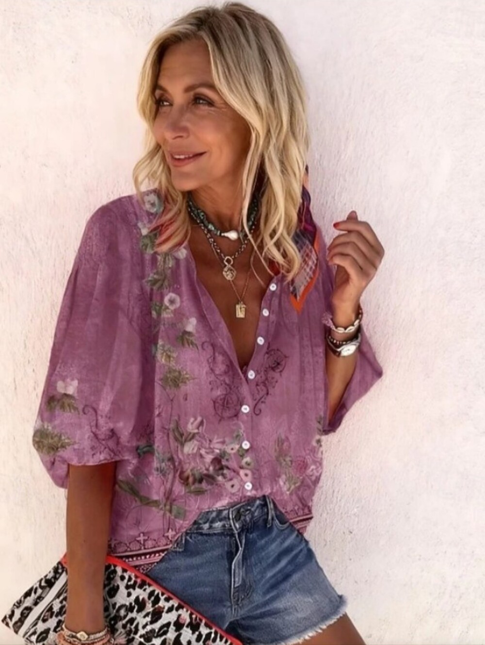 Relaxed Floral Button-Front Blouse in Mauve